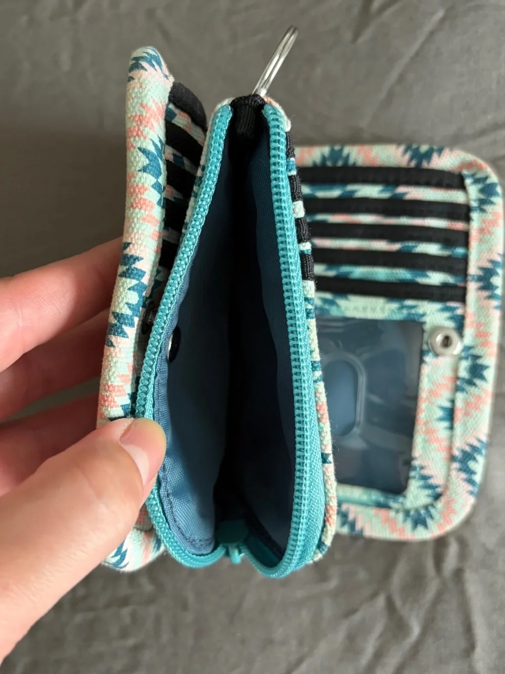NWOT KAVU Zippy Wallet in Sunset Diamond Pattern! Teal, Pink, Travel, Utility